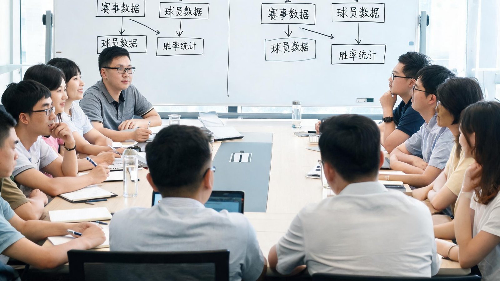 MK体育的十几位员工围坐在会议桌旁，白板上画着足球篮球数据流程图，气氛专注而融洽