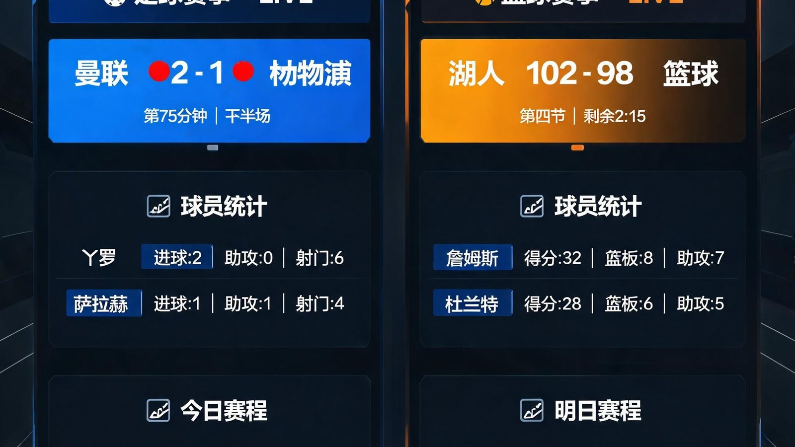 MK体育数据大屏展示足球与篮球赛事实时比分、球员统计和赛程信息，界面清晰直观